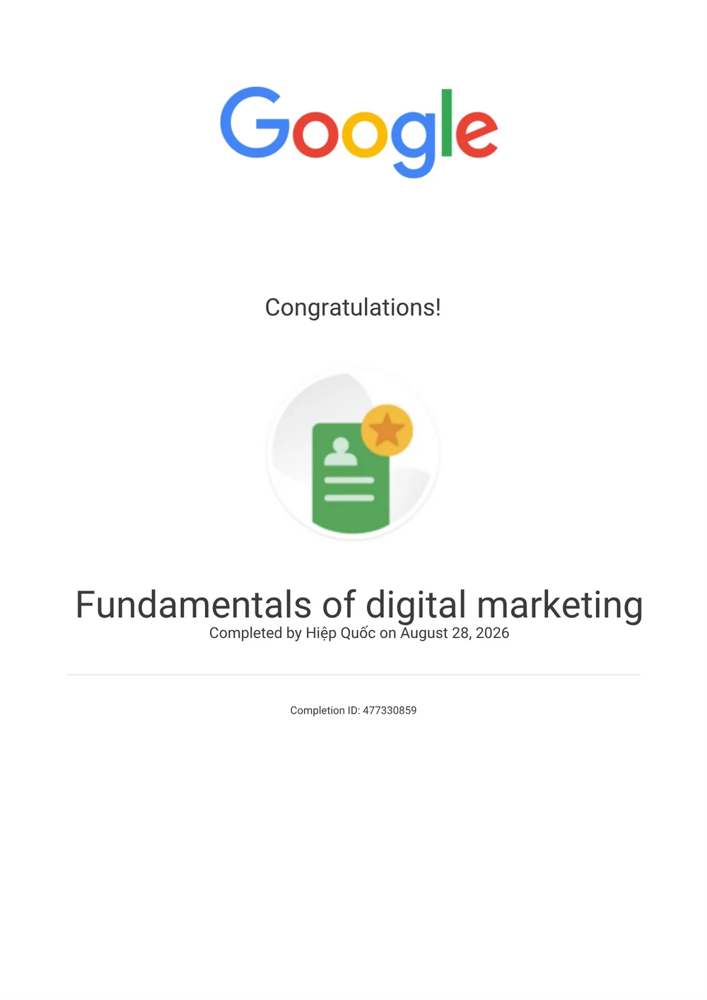 Chứng chỉ Fundamentals of digital marketing — Google, cấp cho Lê Văn Quốc Hiệp