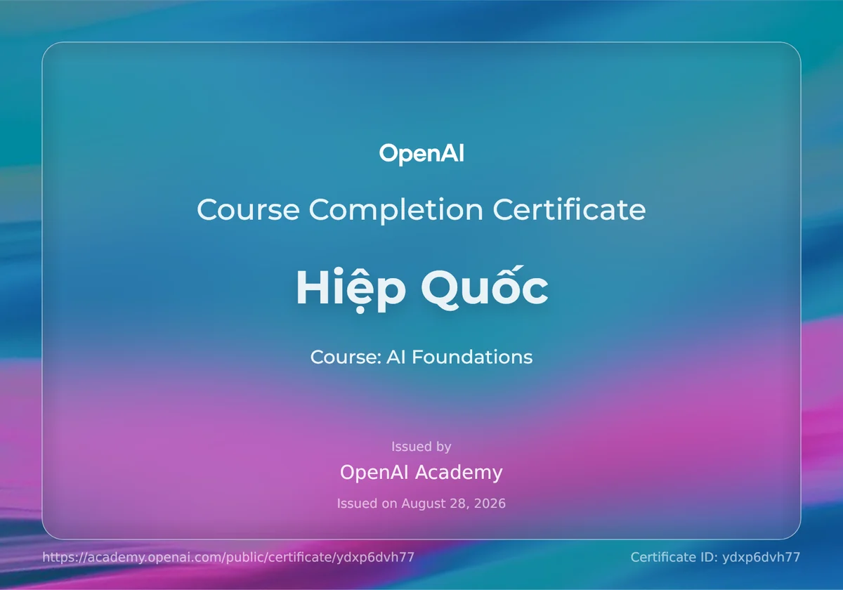 Course Completion Certificate — AI Foundations, OpenAI Academy, cấp cho Lê Văn Quốc Hiệp